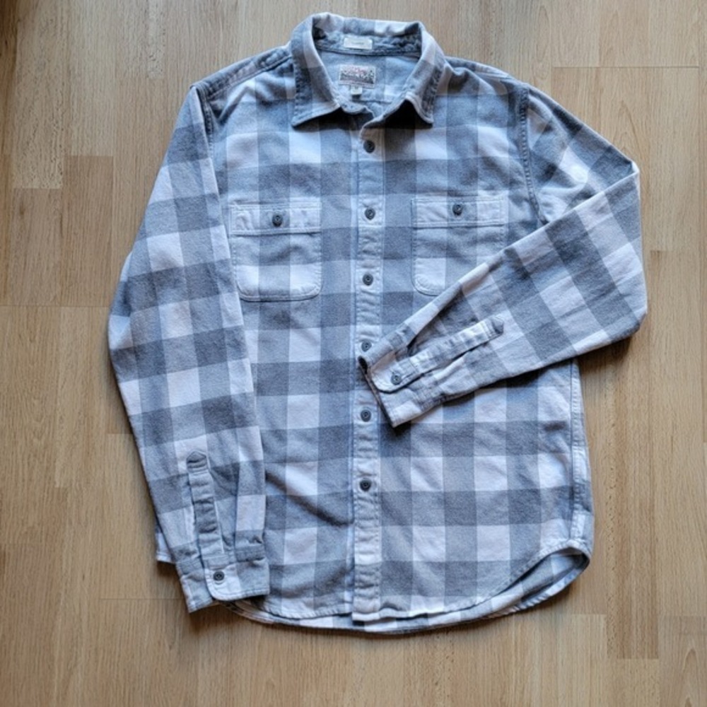 J Crew Men's Midweight‎ Flannel Plaid Shirt Gray White Front Pockets Size M